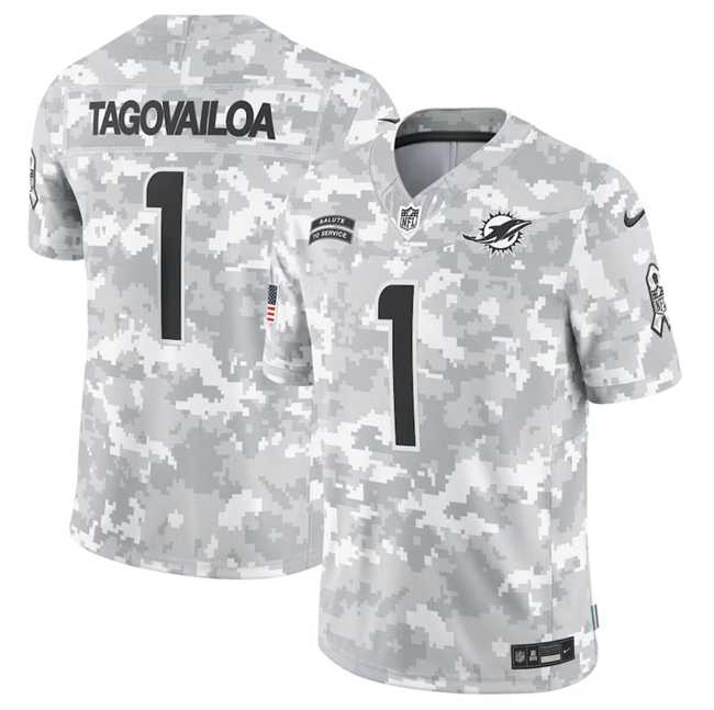Men%27s Miami Dolphins #1 Tua Tagovailoa 2024 Arctic Camo Salute To Service Limited Stitched Jersey Dyin->los angeles rams->NFL Jersey